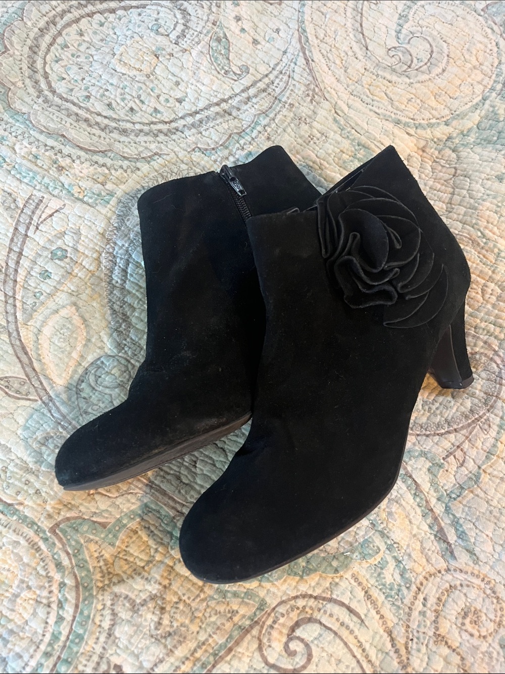 Laura Ashley Black Suede Floral Accent Women's Ankle Boots